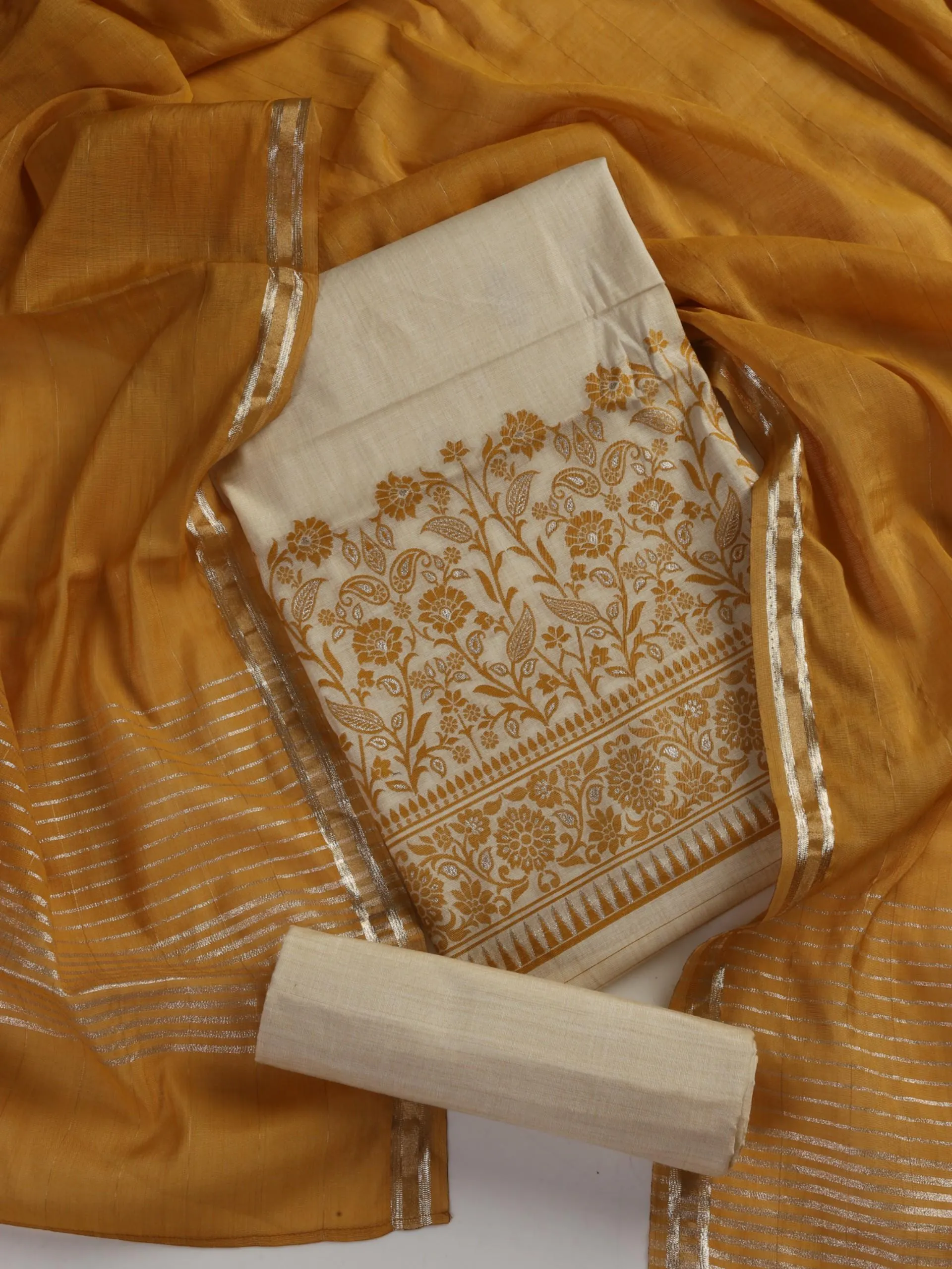 3 pc Unstitched Suit SET - Yellow Jacquard Paisley Kurta with Zari Dupatta and Pyjama